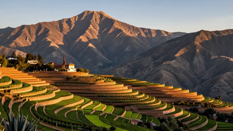 Montañas majestuosas y terrazas vibrantes al atardecer