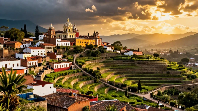 Pueblo mexicano colonial con terrazas doradas