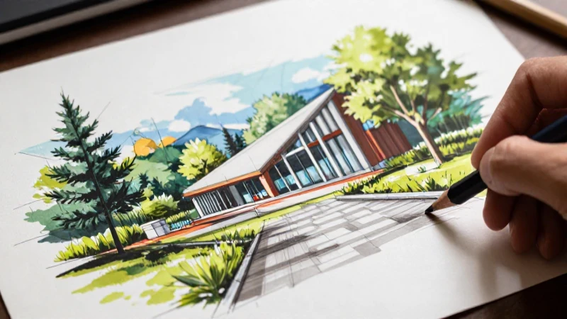 Paisajismo: qué es, definición y concepto en el dibujo 3 Dibujo arquitectónico dinámico y moderno con estilo cinético