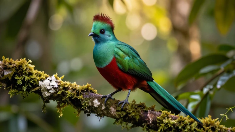 Quetzal vibrante en bosque tropical al atardecer