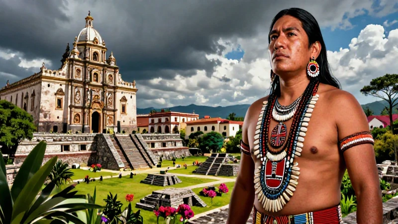 Figura indígena poderosa en paisaje histórico