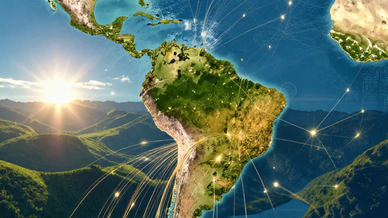 Mapa vibrante de América con flujos de datos dorados
