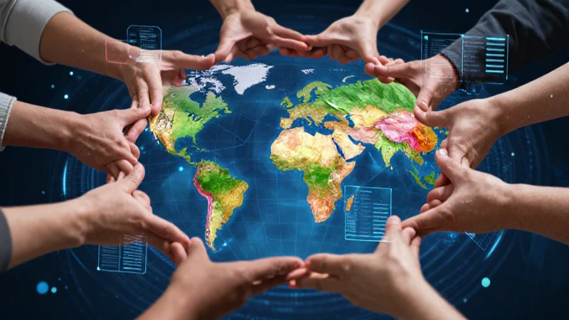 Manos globales conectadas, educación futurista y vibrante