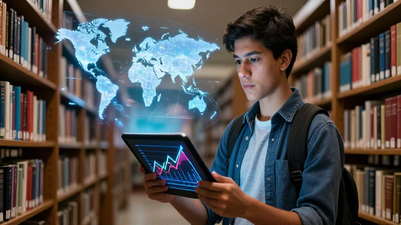 Estudiante en academia futurista con holograma