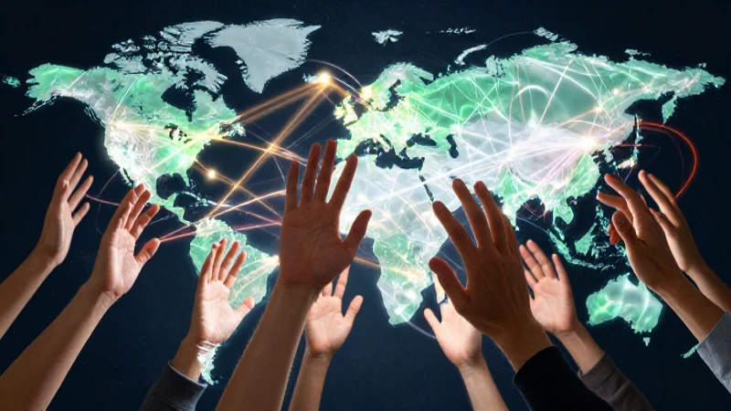Red global vibrante, manos colaborando con energía