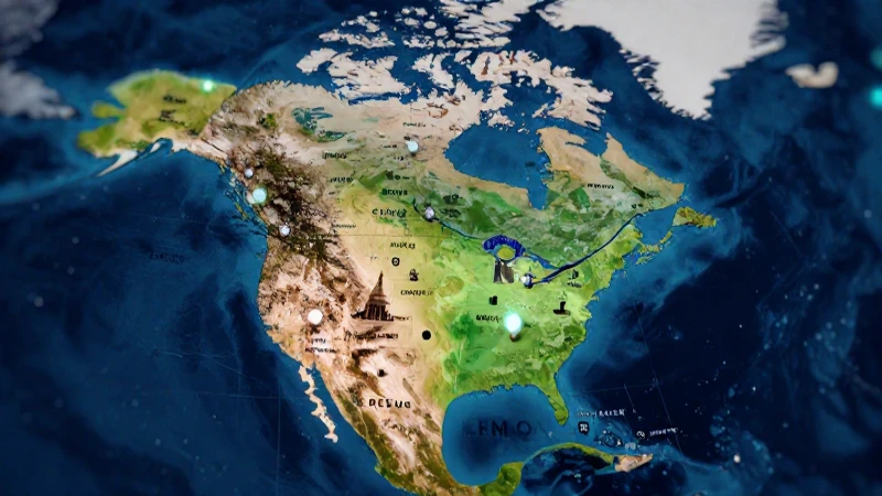 Mapa vibrante de Norteamérica con iconos estilizados
