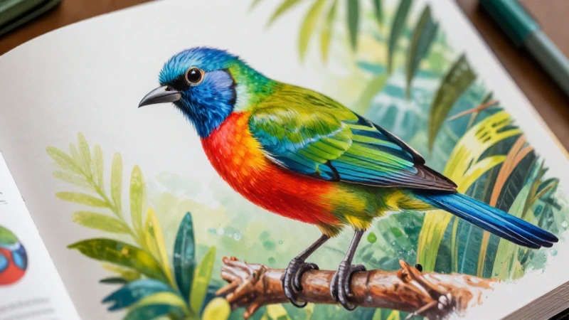 Pájaros: Imágenes y Técnicas para Dibujar en Colores 5 Dibujo detallado y vibrante de aves tropicales