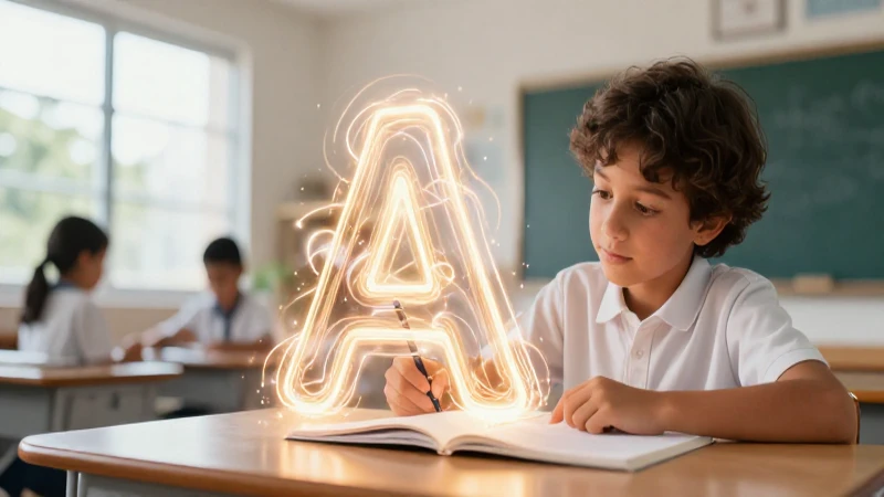 Estudiante aprende con letras de luz en aula moderna