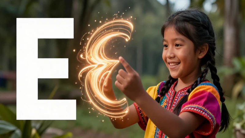 Palabra con E: Conoce el Abecedario en Q'eqchi y Español 7 Estudiante indígena alegre y letra E vibrante
