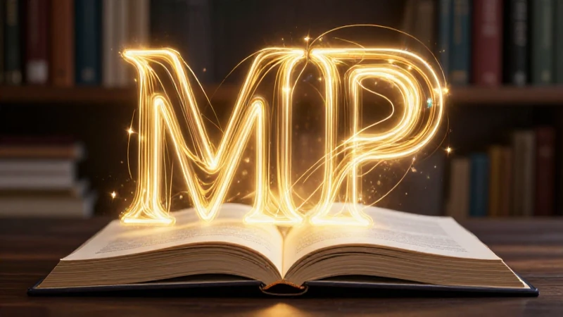 Ilustración abstracta y luminosa de letras MP en un libro
