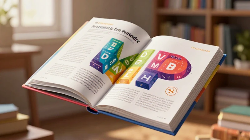 Ilustración didáctica de palabras en un libro flotante
