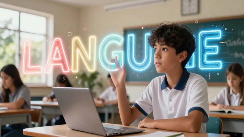Estudiante explora conceptos de lenguaje con estilo moderno