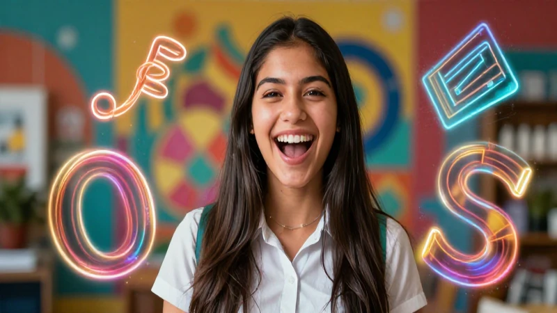 Joven mexicana entusiasta estudia con elementos abstractos brillantes