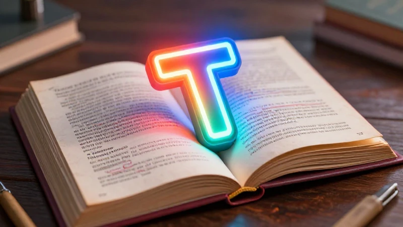 Icono T brillante sobre libro educativo vibrante