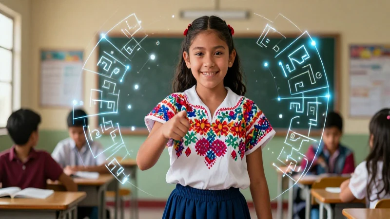 Estudiante vibrante con patrones geométricos en México