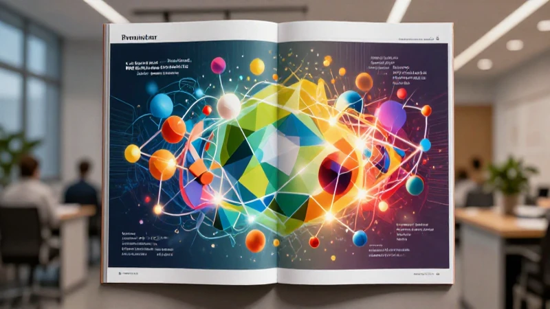 Revista educativa premium con formas abstractas y brillantes