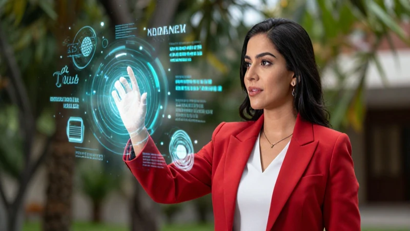 Educadora atractiva interactúa con tecnología holográfica digital