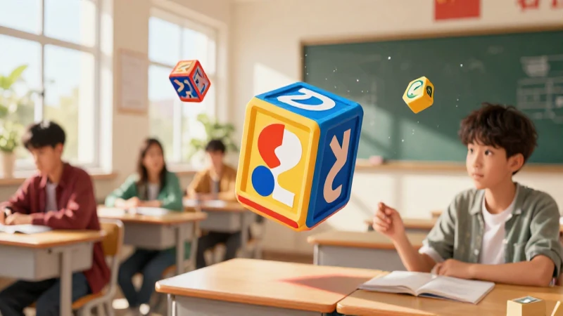 Ilustración vibrante de un estudiante con bloques geométricos