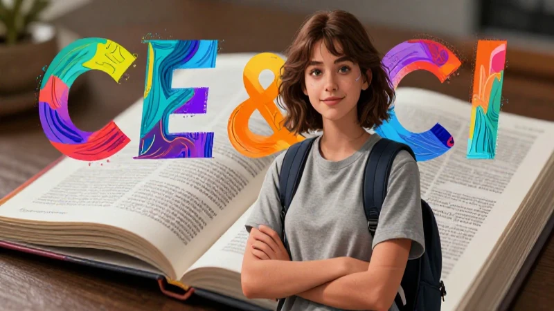 Estudiante usa un diccionario estilizado con letras vibrantes