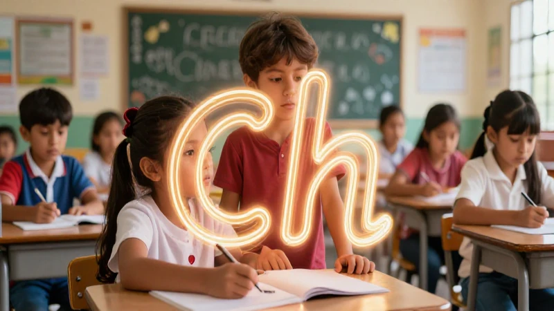 Ilustración vibrante de aula aprendiendo fonema CH