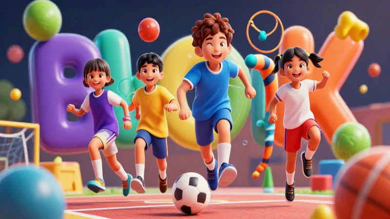 Niños jugando, arte dinámico y colorido