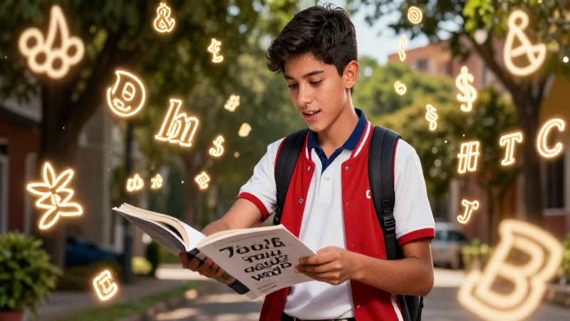Ilustración vibrante de estudiante mexicano aprendiendo español