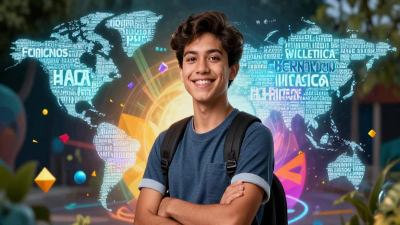 Ilustración educativa vibrante con joven sonriente