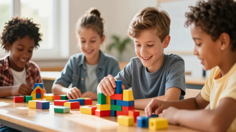 Estudiante sonríendo con bloques educativos coloridos