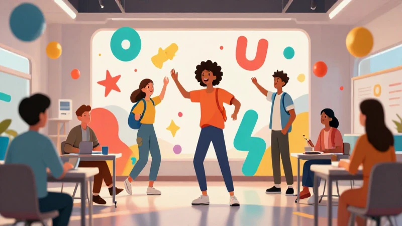 100 ejemplos de palabras con diptongo explicados 18 Ilustración brillante de estudiantes interactuando con formas abstractas