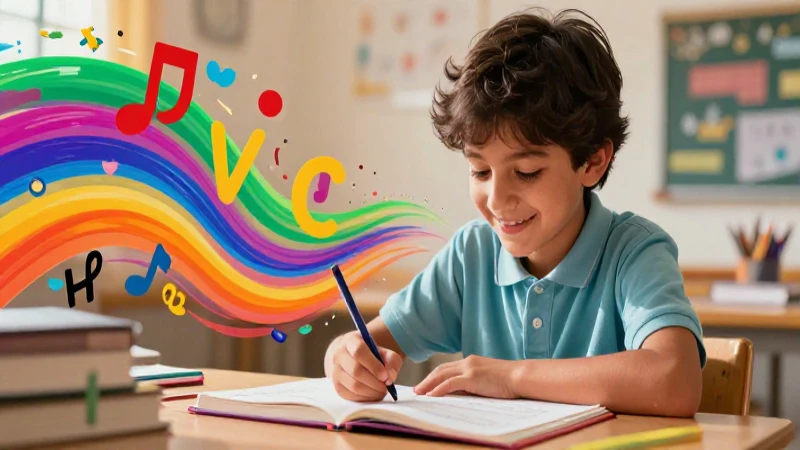 Jovial estudiante aprende español en vibrante entorno educativo