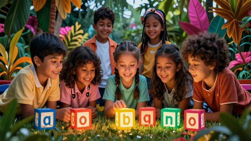 Ilustración vibrante de niños aprendiendo fonética
