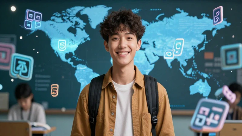 Joven sonriente en diseño educativo vibrante