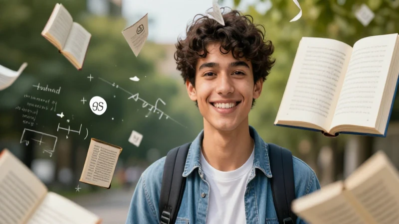Palabras con hue-: 30 Ejemplos para Ampliar tu Vocabulario 4 Joven estudiante sonriente con elementos gráficos dinámicos
