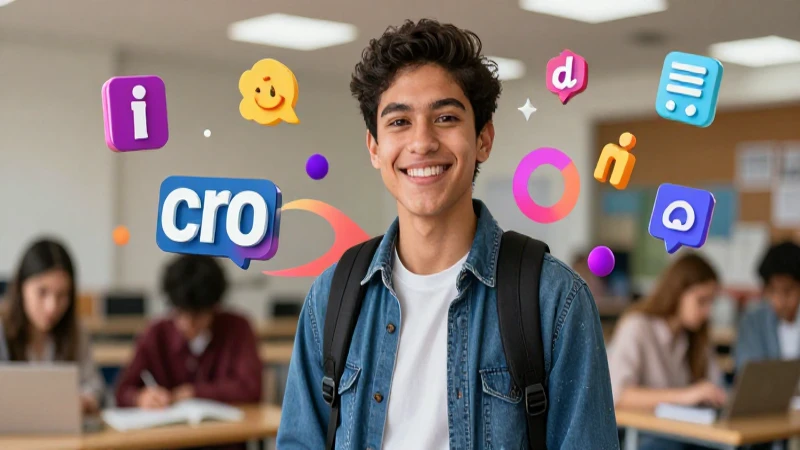 Estudiante mexicano sonriente en ambiente académico vibrante