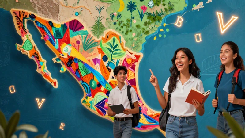 Joven mexicano entusiasta aprende con mapa vibrante