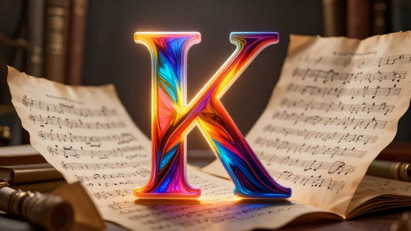 Letra K abstracta, música y pergamino antiguo