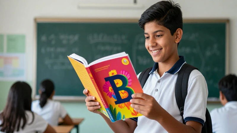 Estudiante sonriente sostiene un libro vibrante en entorno académico