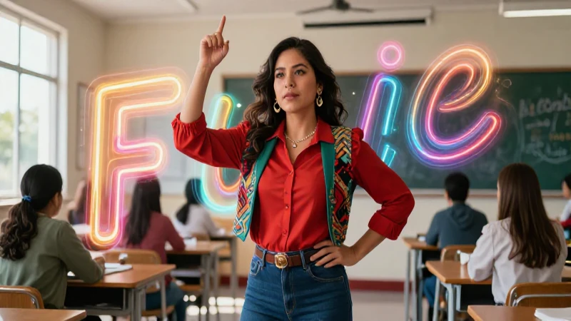 Maestra mexicana vibrante en un entorno moderno