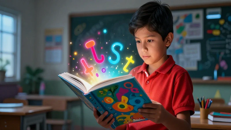 Niño vibrante con libro luminoso educativo