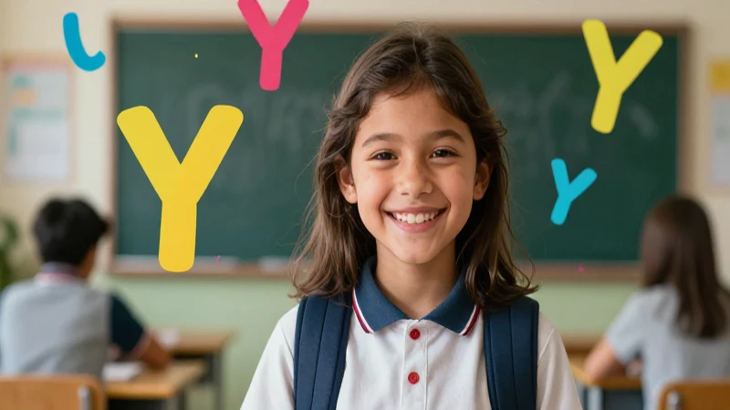 Ilustración vibrante de estudiantes y letras con Y