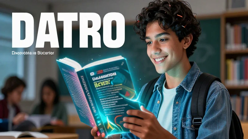 Estudiante sonriente explora un diccionario brillante