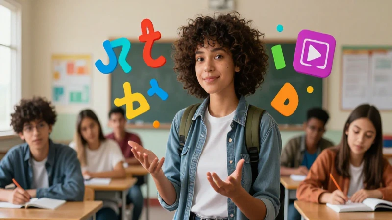 Estudiante moderno con símbolos abstractos en el aula mexicana