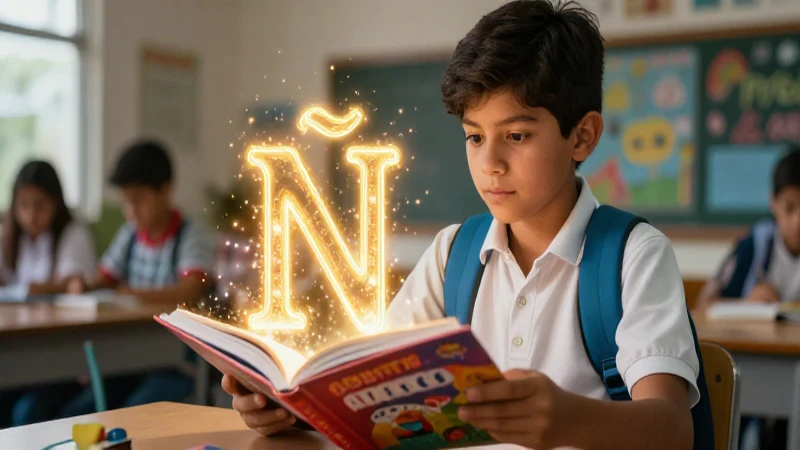 Aprendiz mexicano y letra Ñ en un libro mágico