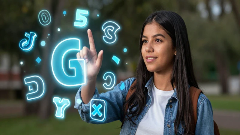 Vibrante estudiante mexicano interactúa con símbolos lingüísticos
