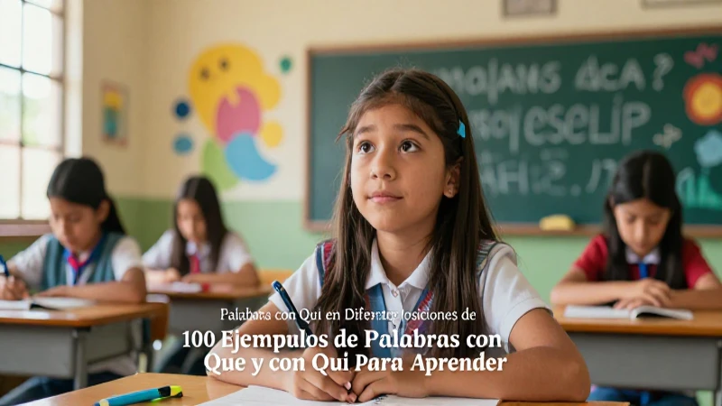 100 Ejemplos de Palabras con Que y con Qui para Aprender 5 Estudiante curiosa en clase de español con tipografía dinámica