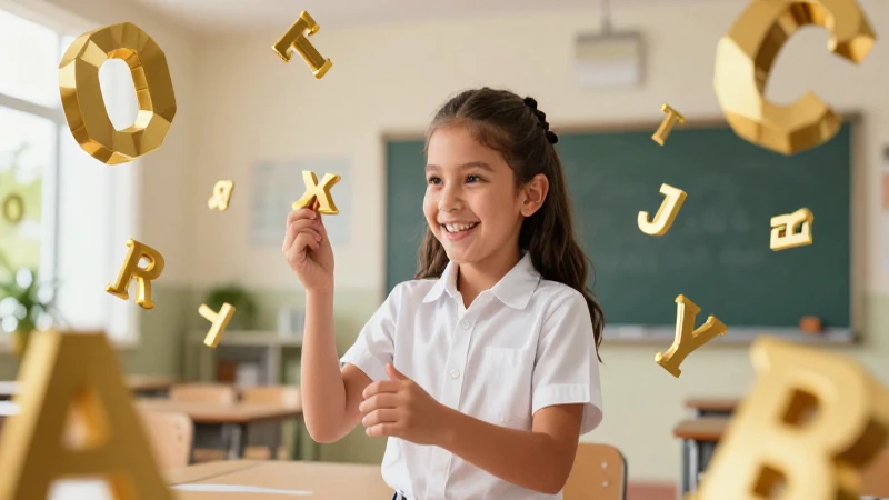 Alumno mexicano alegre con letras doradas y aula moderna