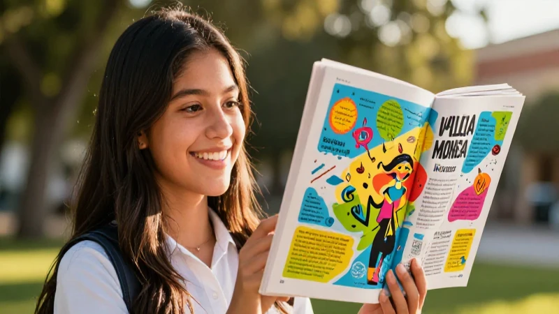 Estudiante sonriente bajo luz dorada y vibrante