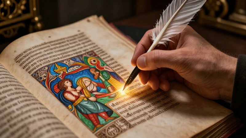 Manuscrito antiguo con pluma luminosa