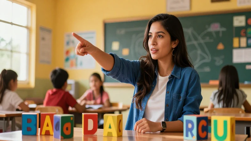 100 ejemplos de palabras con xa, xe, xi, xo, xu 8 Profesora mexicana vibrante muestra bloques educativos coloridos