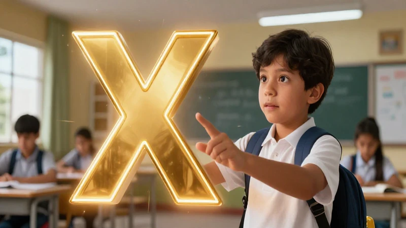 Estudiante curioso interactúa con una gran X dorada